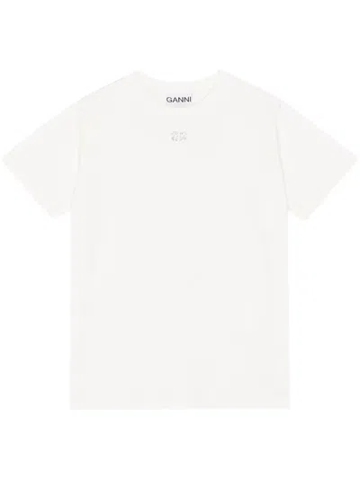 Ganni Rhinestone Logo Embroidery T-shirt In White