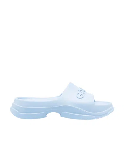Ganni Logo-embossed Slides In Light Blue