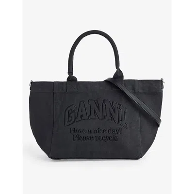 Ganni Womens Black Logo-embriodered Recycled-cotton Tote Bag