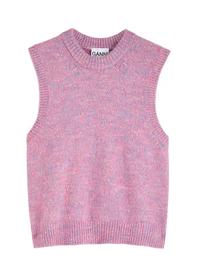 Ganni Logo-embroidered Alpaca-blend Tank In Pink