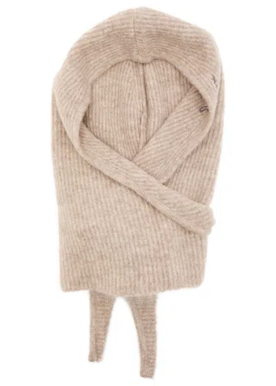 Ganni Logo-embroidered Brushed Wool-blend Balaclava In Neutral