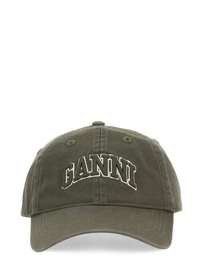 Ganni Logo-embroidered Cap In Green