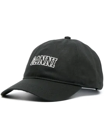 Ganni Logo-embroidered Cotton Baseball Cap In Black