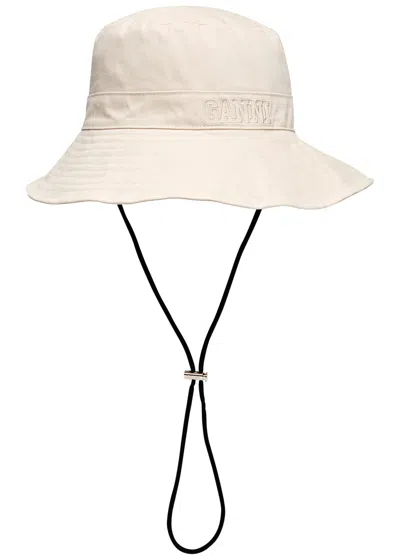 Ganni Logo-embroidered Cotton Bucket Hat In Off White