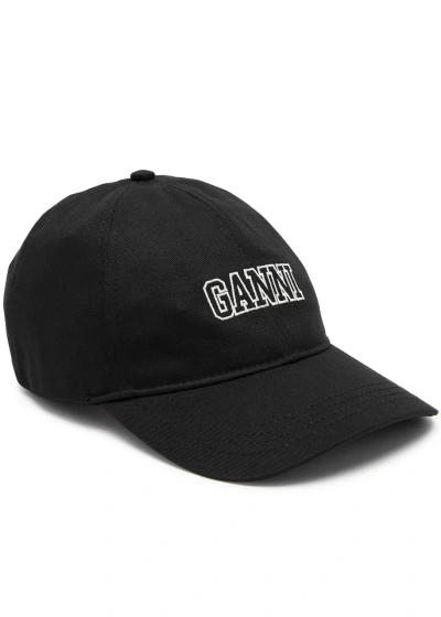 Ganni Logo-embroidered Cotton Cap In Black