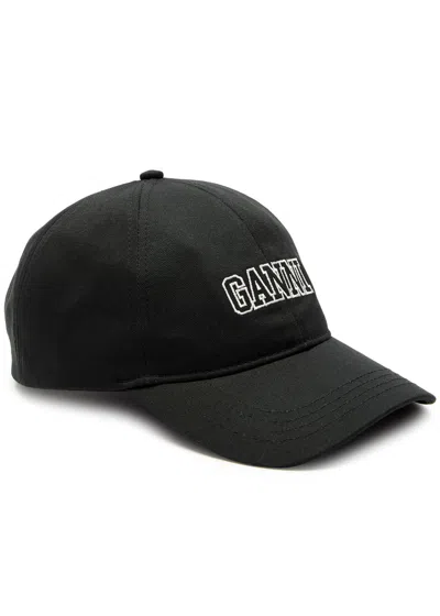 Ganni Logo-embroidered Cotton Cap In Black