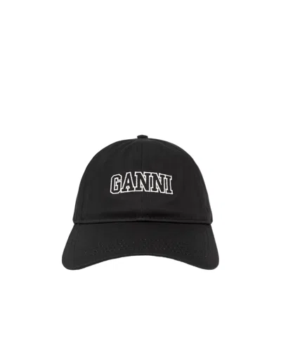 Ganni Logo-embroidered Cotton Cap In Black