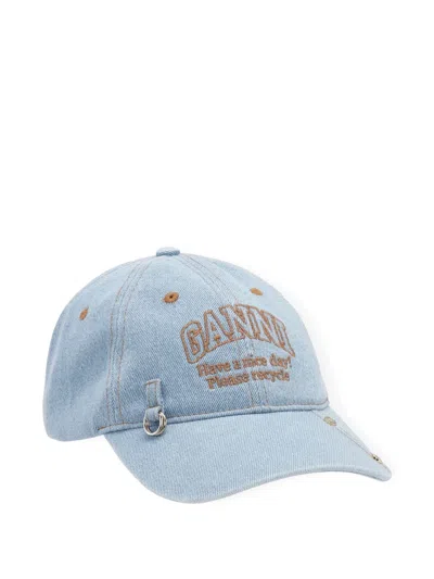 Ganni Logo-embroidered Denim Cap In Blue