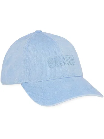 Ganni Logo-embroidered Denim Cap In Blue