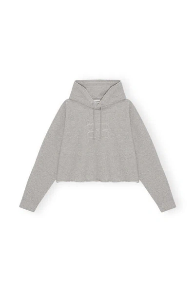 Ganni Logo Embroidered Drawstring Cropped Hoodie In Gray