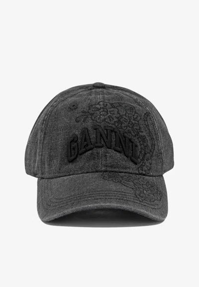 Ganni Logo Embroidered Faded Denim Cap In Black
