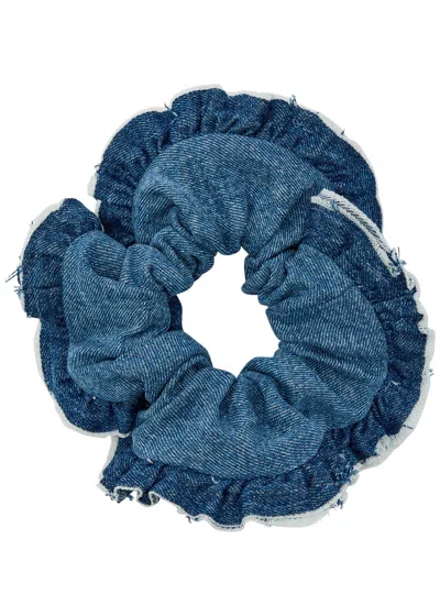 Ganni Logo-embroidered Frill Denim Scrunchie In Blue