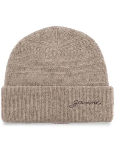 Ganni Logo-embroidered Knitted Beanie In 859