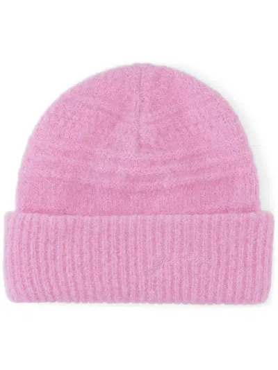 Ganni Logo-embroidered Knitted Beanie In Pink