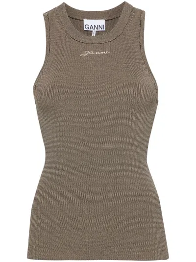 Ganni Logo-embroidered Knitted Tank Top In Beis