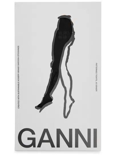 Ganni Logo-embroidered Lace Tights In Black