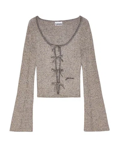 Ganni Logo-embroidered Lurex-knit Cardigan In Silver