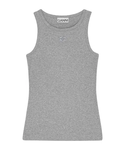 Ganni Grey Soft Cotton Rib Tank Top In Gray