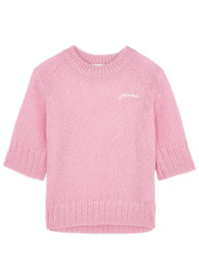 Ganni Logo-embroidered Mohair-blend Top In Pink