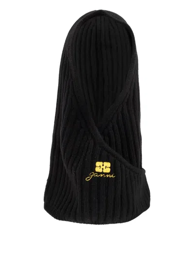 Ganni Logo-embroidered Ribbed Balaclava In Black