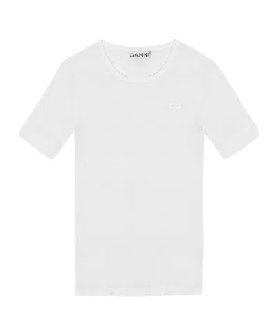 Ganni Logo-embroidered Ribbed T-shirt In White