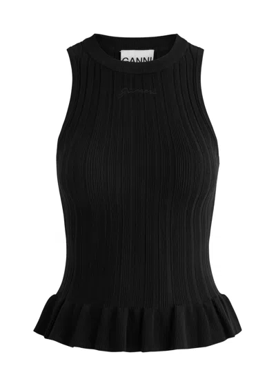 Ganni Logo-embroidered Ribbed Tank Top In Black