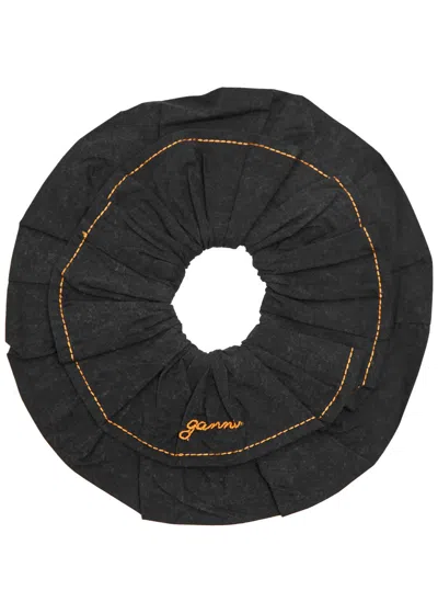 Ganni Logo-embroidered Stretch-cotton Scrunchie In Black