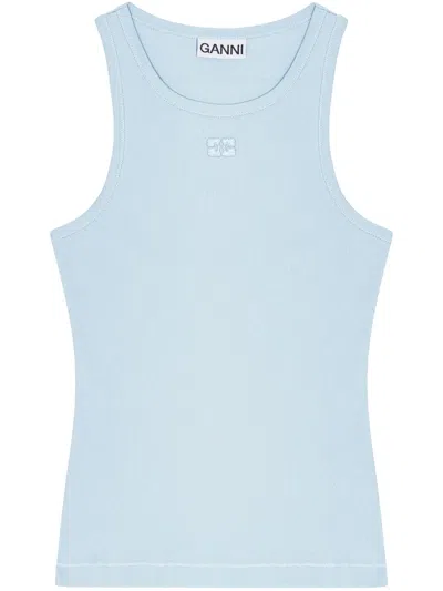 Ganni Logo-embroidered Tank Top In Blue