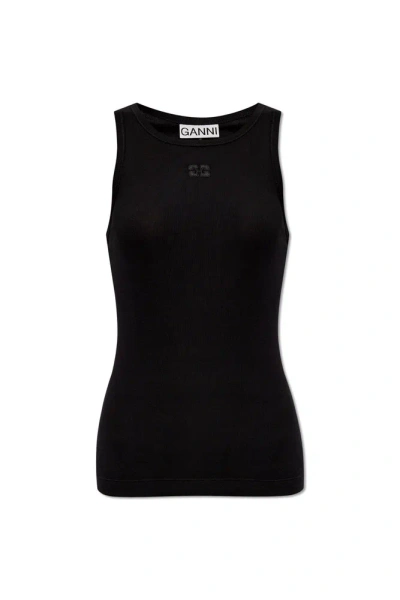 Ganni Logo Embroidered Top In Black