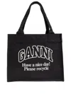 Ganni Black Shopper With Embroidered Logo On The Front In Black