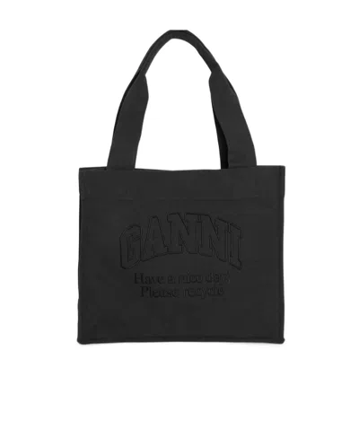 Ganni Logo-embroidered Tote Bag In Gray
