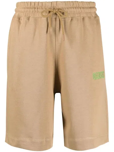 Ganni Logo-embroidered Track Shorts In Brown