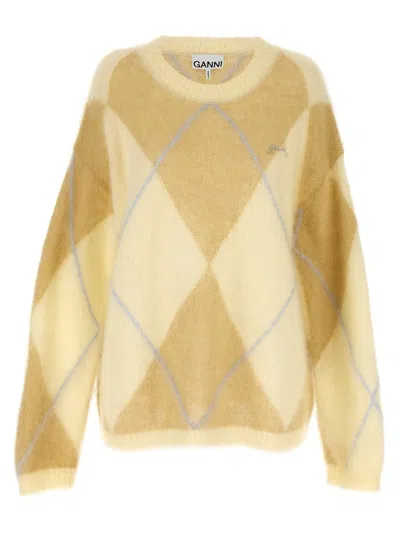 Ganni Logo Embroidery Diamond Sweater In Yellow