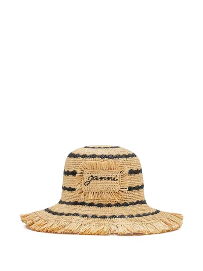 Ganni Logo Frayed Edge Raffia Hat In Beige