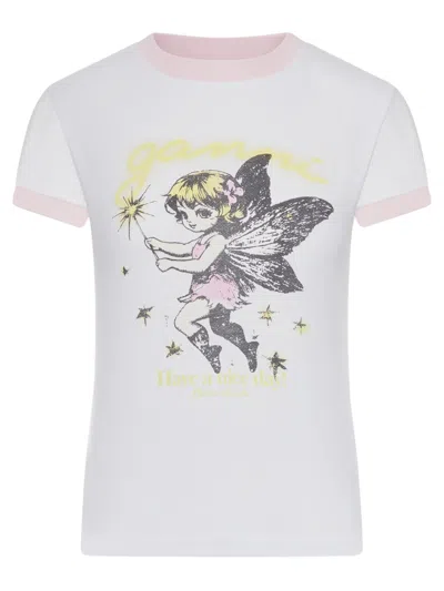 Ganni Logo Graphic Oversized Organic Cotton T-shirt In Bianco