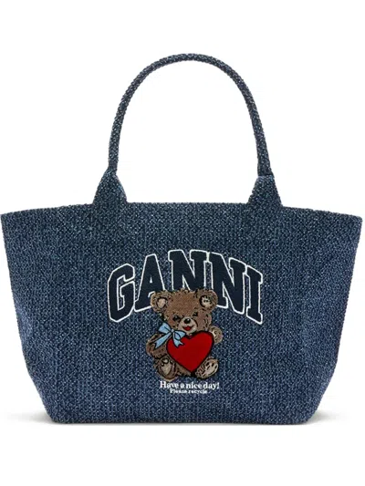 Ganni Navy Medium Trapeze Bear Denim Shopper Tote In Blue