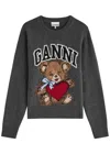 Ganni Wool Graphic Bear Crewneck Sweater In Grey