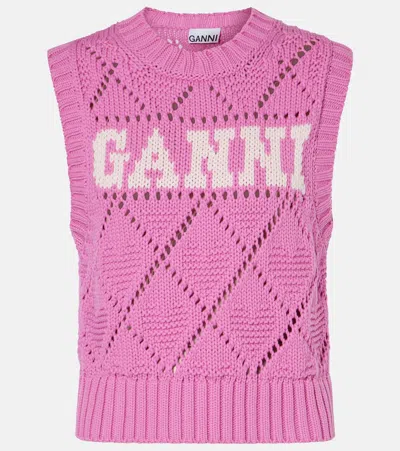 Ganni Logo Intarsia Cotton-blend Sweater Vest In Pink