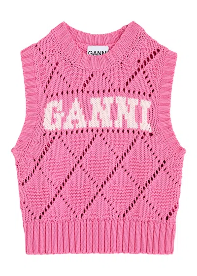 Ganni Logo Intarsia Cotton-blend Sweater Vest In Pink