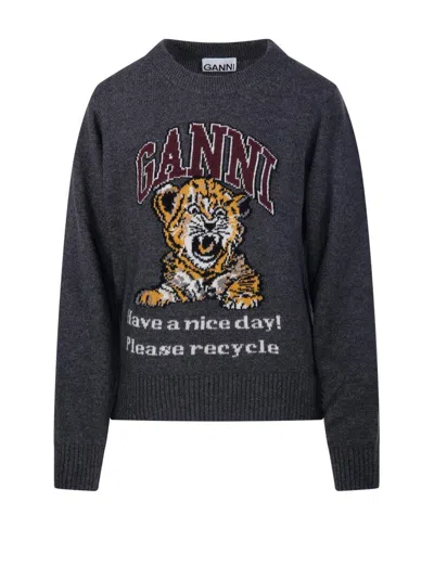 Ganni Graphic Wool Mix Tiger Crewneck In Black