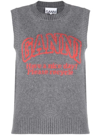 Ganni Sleeveless Grey Graphic Vest