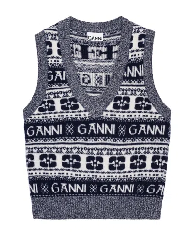 GANNI GANNI LOGO INTARSIA-KNIT V-NECK MIX VEST