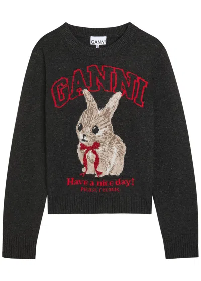 Ganni Logo-intarsia Wool-blend Jumper In Black