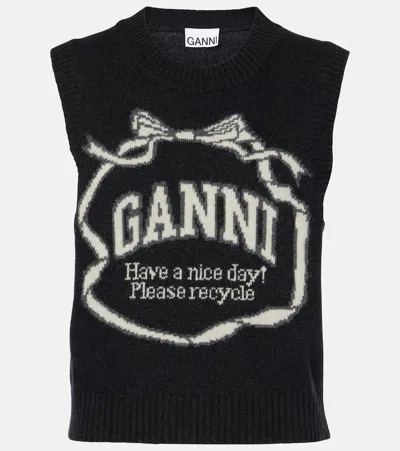 Ganni Logo Intarsia Wool-blend Sweater Vest In Phantom