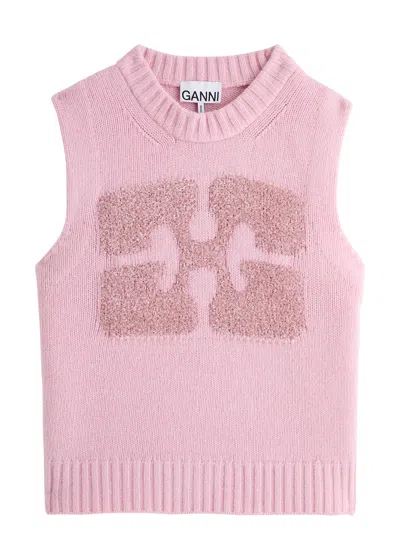 Ganni Logo-intarsia Wool-blend Waistcoat In Pink