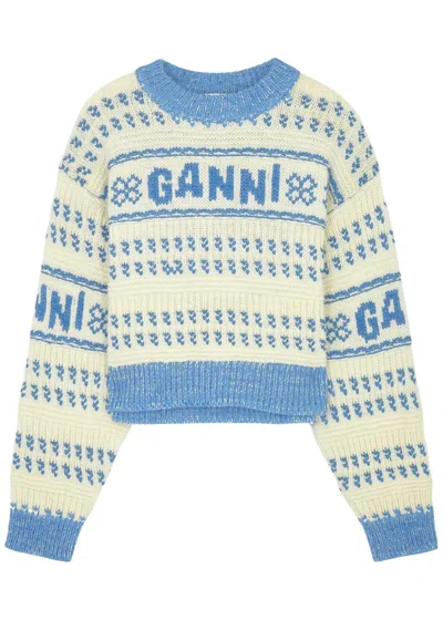 Ganni Logo-intarsia Wool Jumper In Blue