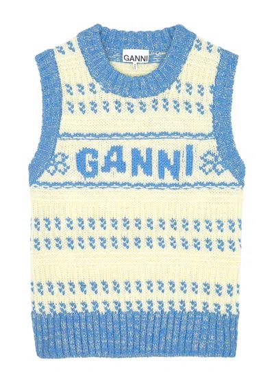 Ganni Logo-intarsia Wool Vest In Blue
