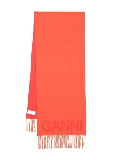 Ganni Logo Jacquard Recycled Wool Scarf In Orange