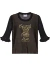 Ganni Transparent Jacquard Top With Playful Graphic In Black