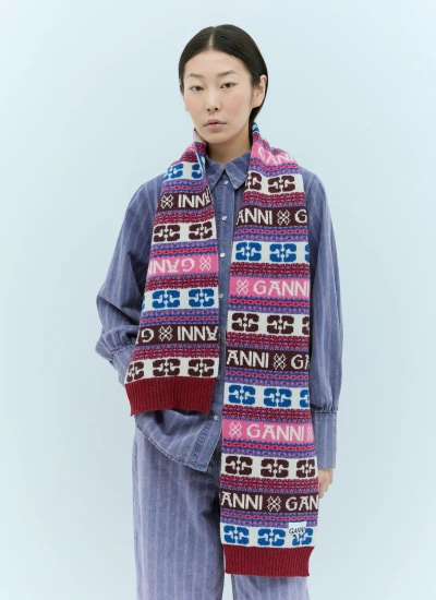 Ganni Striped Logo-intarsia Wool-blend Scarf In Multicoloured